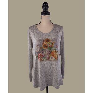 One World Gray Fall Autumn Pumpkin and Sunflowers Top Size Large NWT